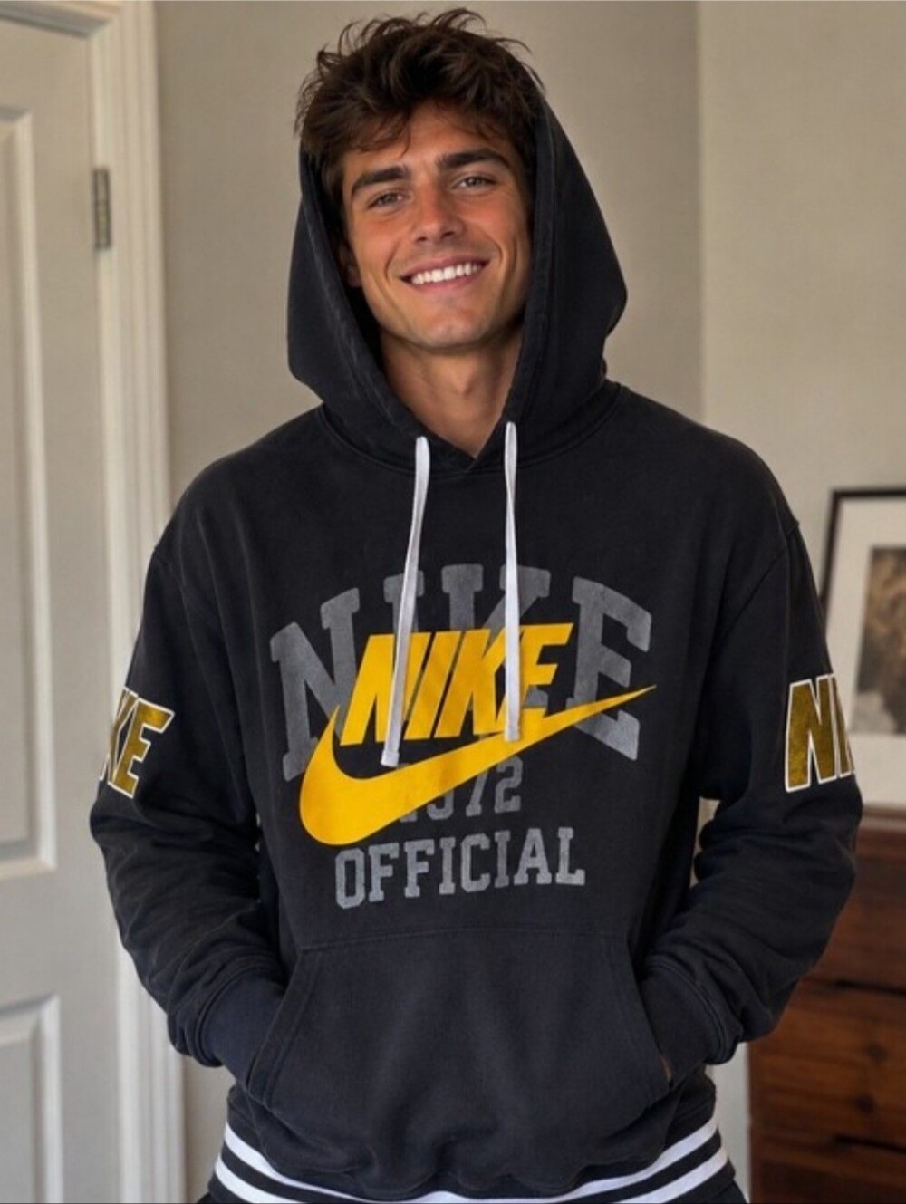 Nike Black Hoodie w/Bold Yellow Swoosh & Grey with Gold Accents; Size Large